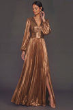 Bronzer Metallic V-Neck Pleated A-Line Long Wedding Guest Dress with Slit