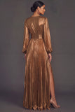 Bronzer Metallic V-Neck Pleated A-Line Long Wedding Guest Dress with Slit