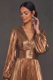 Bronzer Metallic V-Neck Pleated A-Line Long Wedding Guest Dress with Slit