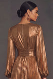 Bronzer Metallic V-Neck Pleated A-Line Long Wedding Guest Dress with Slit