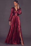 Bronzer Metallic V-Neck Pleated A-Line Long Wedding Guest Dress with Slit