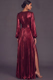 Bronzer Metallic V-Neck Pleated A-Line Long Wedding Guest Dress with Slit