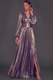 Bronzer Metallic V-Neck Pleated A-Line Long Wedding Guest Dress with Slit