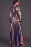 Bronzer Metallic V-Neck Pleated A-Line Long Wedding Guest Dress with Slit