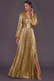 Bronzer Metallic V-Neck Pleated A-Line Long Wedding Guest Dress with Slit