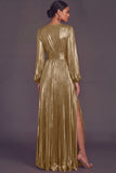 Bronzer Metallic V-Neck Pleated A-Line Long Wedding Guest Dress with Slit