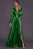 Bronzer Metallic V-Neck Pleated A-Line Long Wedding Guest Dress with Slit