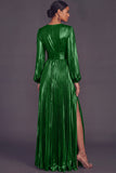Bronzer Metallic V-Neck Pleated A-Line Long Wedding Guest Dress with Slit