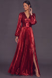 Bronzer Metallic V-Neck Pleated A-Line Long Wedding Guest Dress with Slit
