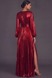 Bronzer Metallic V-Neck Pleated A-Line Long Wedding Guest Dress with Slit