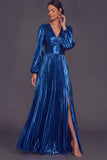 Bronzer Metallic V-Neck Pleated A-Line Long Wedding Guest Dress with Slit