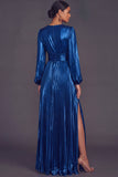 Bronzer Metallic V-Neck Pleated A-Line Long Wedding Guest Dress with Slit