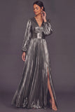Bronzer Metallic V-Neck Pleated A-Line Long Wedding Guest Dress with Slit