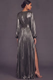 Bronzer Metallic V-Neck Pleated A-Line Long Wedding Guest Dress with Slit