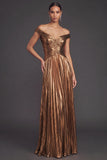 Bronzer Metallic Pleated Off the Shoulder A-Line Long Wedding Guest Dress