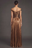 Bronzer Metallic Pleated Off the Shoulder A-Line Long Wedding Guest Dress