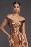 Bronzer Metallic Pleated Off the Shoulder A-Line Long Wedding Guest Dress