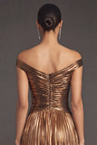 Bronzer Metallic Pleated Off the Shoulder A-Line Long Wedding Guest Dress