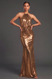 Bronzer Metallic Halter Ruched Mermaid Long Wedding Guest Dress
