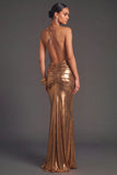 Bronzer Metallic Halter Ruched Mermaid Long Wedding Guest Dress