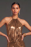 Bronzer Metallic Halter Ruched Mermaid Long Wedding Guest Dress