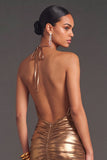Bronzer Metallic Halter Ruched Mermaid Long Wedding Guest Dress