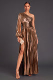 Bronzer Metallic One Shoulder Pleated A-Line Long Wedding Guest Dress with Sleeves