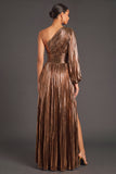Bronzer Metallic One Shoulder Pleated A-Line Long Wedding Guest Dress with Sleeves
