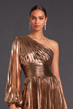 Bronzer Metallic One Shoulder Pleated A-Line Long Wedding Guest Dress with Sleeves
