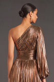 Bronzer Metallic One Shoulder Pleated A-Line Long Wedding Guest Dress with Sleeves