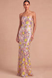 Sparkly Pink Mermaid Strapless Sequins Floral Maxi Wedding Guest Dress