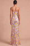 Sparkly Pink Mermaid Strapless Sequins Floral Maxi Wedding Guest Dress