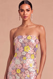 Sparkly Pink Mermaid Strapless Sequins Floral Maxi Wedding Guest Dress