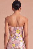 Sparkly Pink Mermaid Strapless Sequins Floral Maxi Wedding Guest Dress