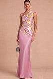 Pink Mermaid Sparkly One Shoulder Floral Long Wedding Guest Dress with Sequins