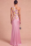 Pink Mermaid Sparkly One Shoulder Floral Long Wedding Guest Dress with Sequins