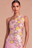 Pink Mermaid Sparkly One Shoulder Floral Long Wedding Guest Dress with Sequins