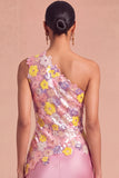 Pink Mermaid Sparkly One Shoulder Floral Long Wedding Guest Dress with Sequins
