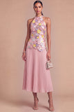 Sparkly Pink Halter Floral Pleated Midi Wedding Guest Dress with Sequins