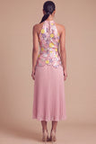 Sparkly Pink Halter Floral Pleated Midi Wedding Guest Dress with Sequins