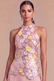 Sparkly Pink Halter Floral Pleated Midi Wedding Guest Dress with Sequins