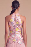 Sparkly Pink Halter Floral Pleated Midi Wedding Guest Dress with Sequins