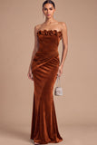 Burgundy Mermaid Strapless Ruched Maxi Wedding Guest Dress with Ruffles