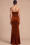 Burgundy Mermaid Strapless Ruched Maxi Wedding Guest Dress with Ruffles