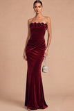 Burgundy Mermaid Strapless Ruched Maxi Wedding Guest Dress with Ruffles