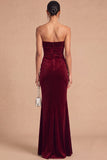 Burgundy Mermaid Strapless Ruched Maxi Wedding Guest Dress with Ruffles