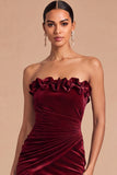 Burgundy Mermaid Strapless Ruched Maxi Wedding Guest Dress with Ruffles