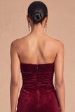 Burgundy Mermaid Strapless Ruched Maxi Wedding Guest Dress with Ruffles