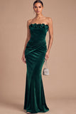 Burgundy Mermaid Strapless Ruched Maxi Wedding Guest Dress with Ruffles