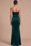 Burgundy Mermaid Strapless Ruched Maxi Wedding Guest Dress with Ruffles